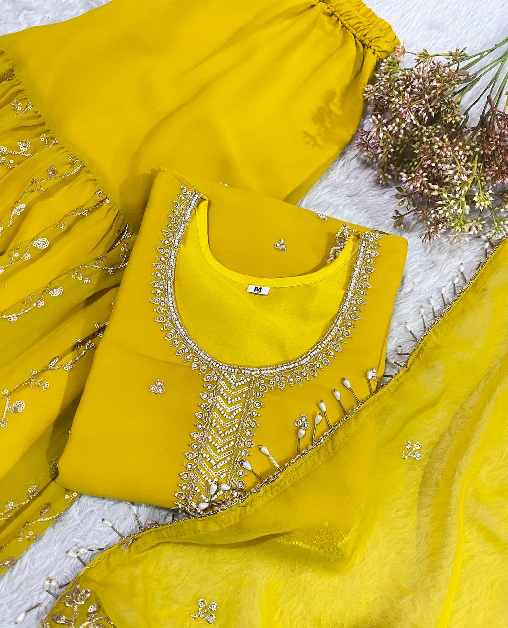Premium Yellow Georgette Kurti Gharara Set with Sequin & Beads Embroidery