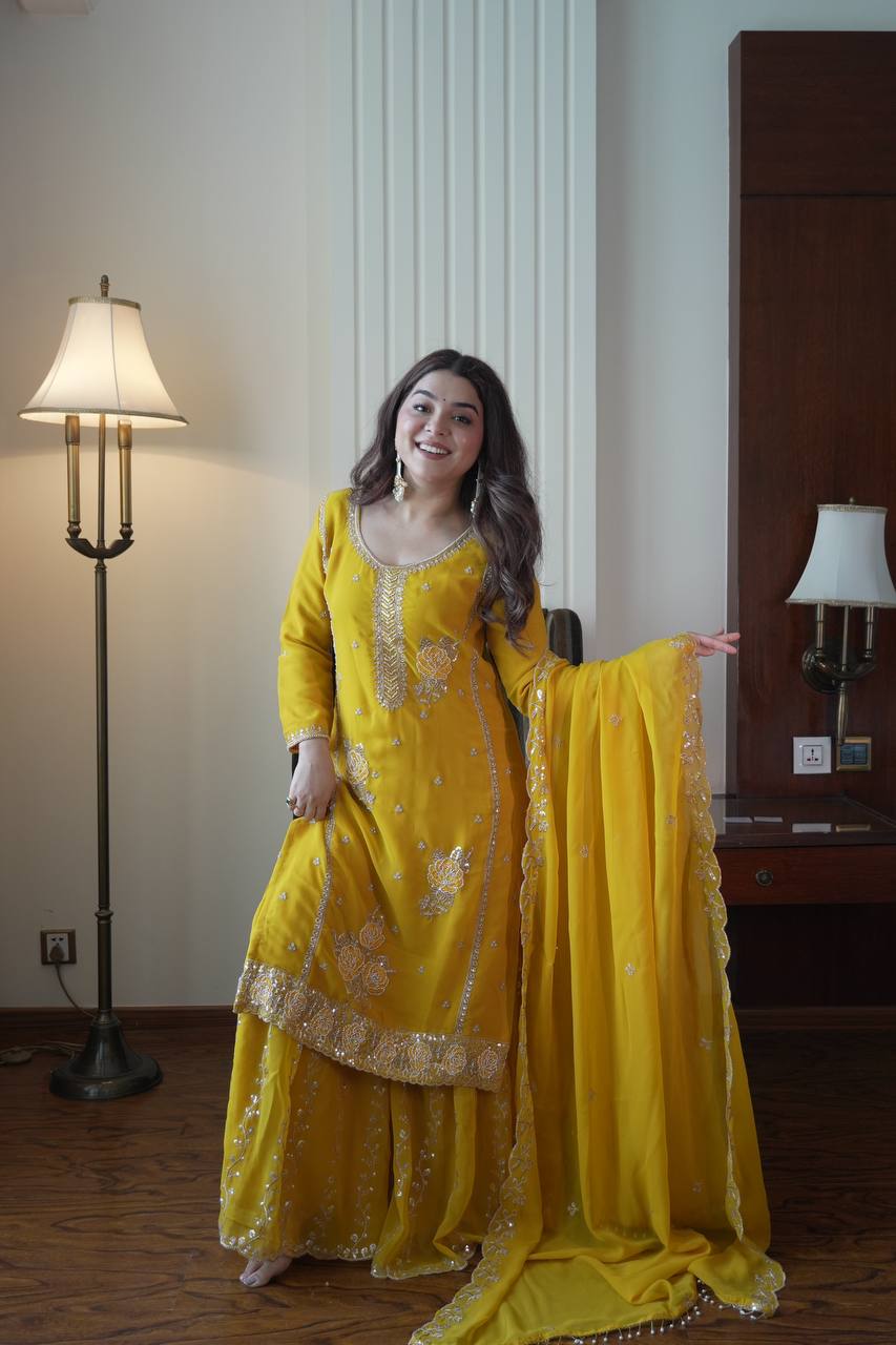 Premium Yellow Georgette Kurti Gharara Set with Sequin & Beads Embroidery
