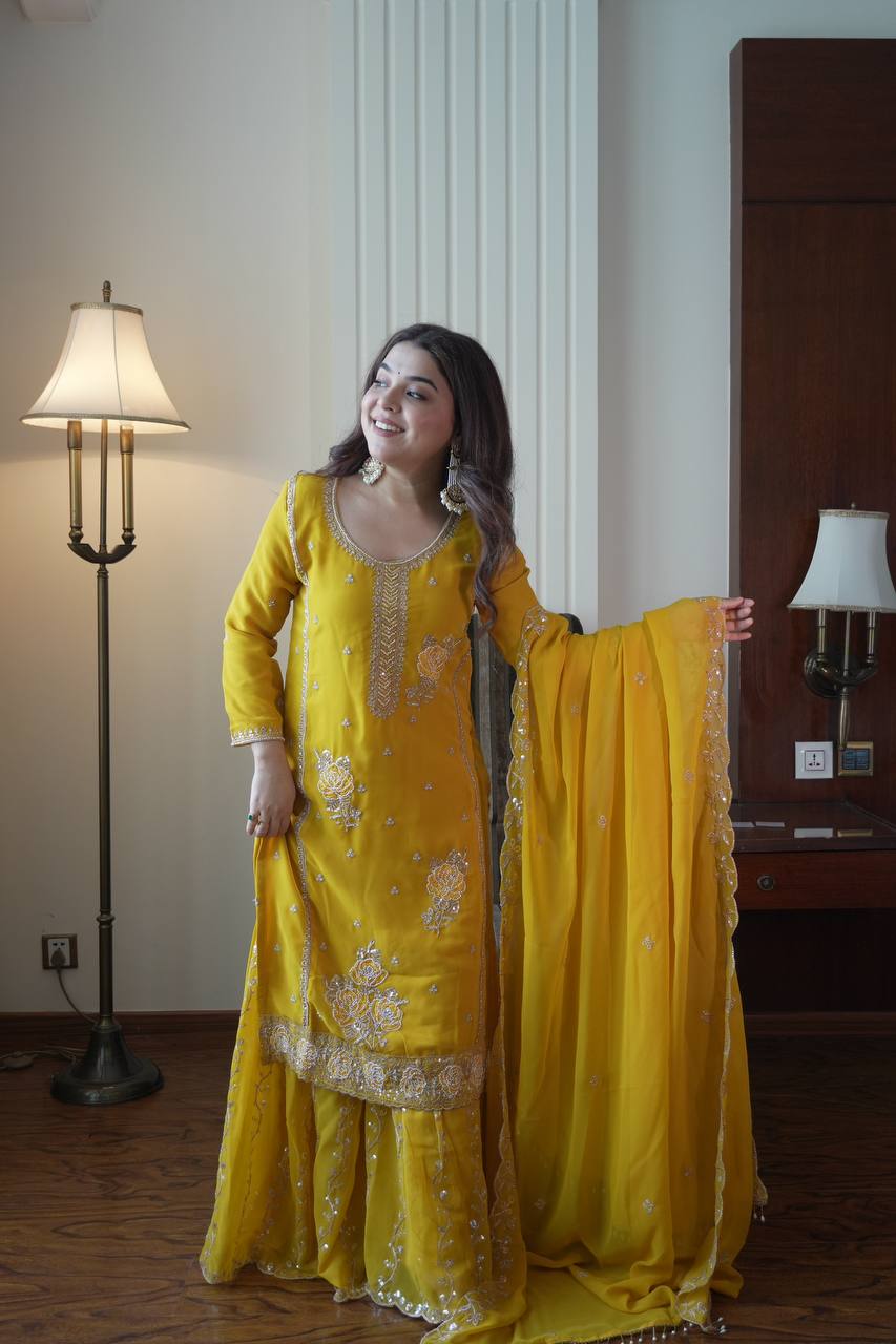 Premium Yellow Georgette Kurti Gharara Set with Sequin & Beads Embroidery