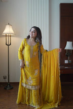 Premium Yellow Georgette Kurti Gharara Set with Sequin & Beads Embroidery