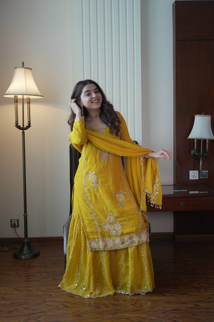 Premium Yellow Georgette Kurti Gharara Set with Sequin & Beads Embroidery