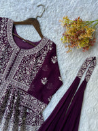 Saumika Deep Purple Georgette Embroidered Kurti Plazzo Set with Belt Style Dupatta