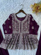 Saumika Deep Purple Georgette Embroidered Kurti Plazzo Set with Belt Style Dupatta