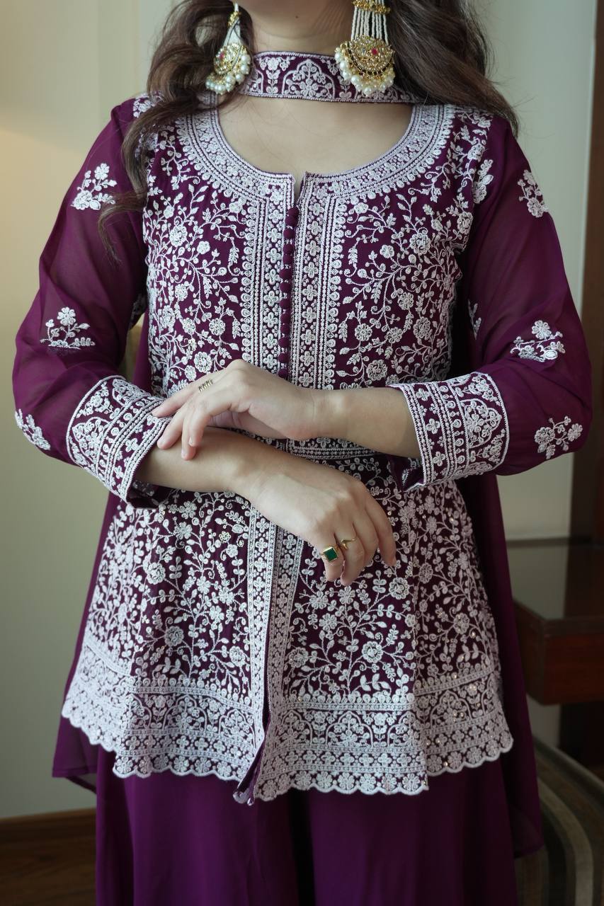Saumika Deep Purple Georgette Embroidered Kurti Plazzo Set with Belt Style Dupatta