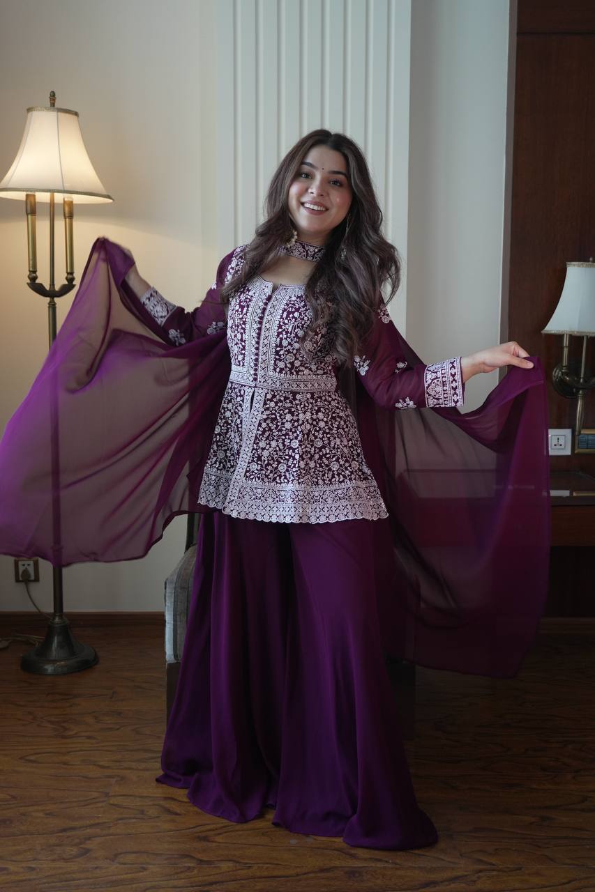 Saumika Deep Purple Georgette Embroidered Kurti Plazzo Set with Belt Style Dupatta