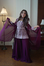 Saumika Deep Purple Georgette Embroidered Kurti Plazzo Set with Belt Style Dupatta