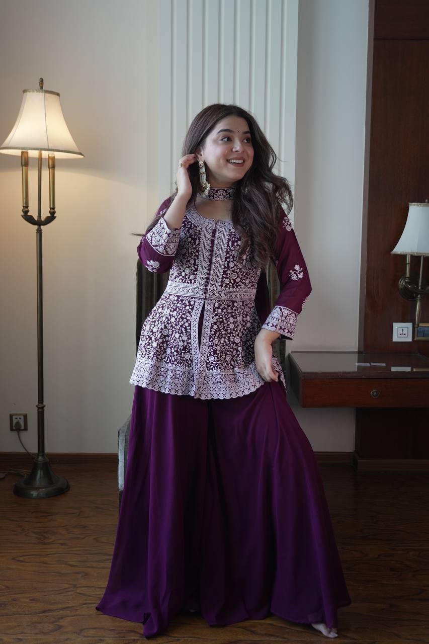 Saumika Deep Purple Georgette Embroidered Kurti Plazzo Set with Belt Style Dupatta