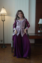 Saumika Deep Purple Georgette Embroidered Kurti Plazzo Set with Belt Style Dupatta