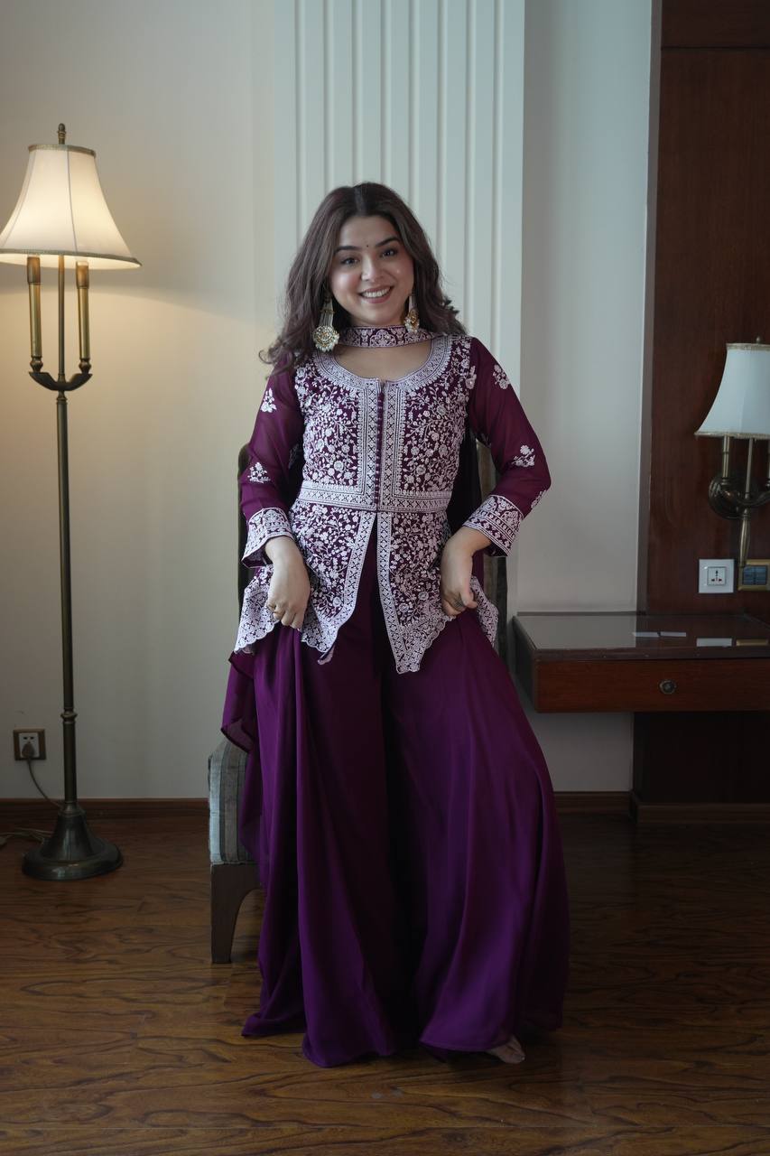 Saumika Deep Purple Georgette Embroidered Kurti Plazzo Set with Belt Style Dupatta