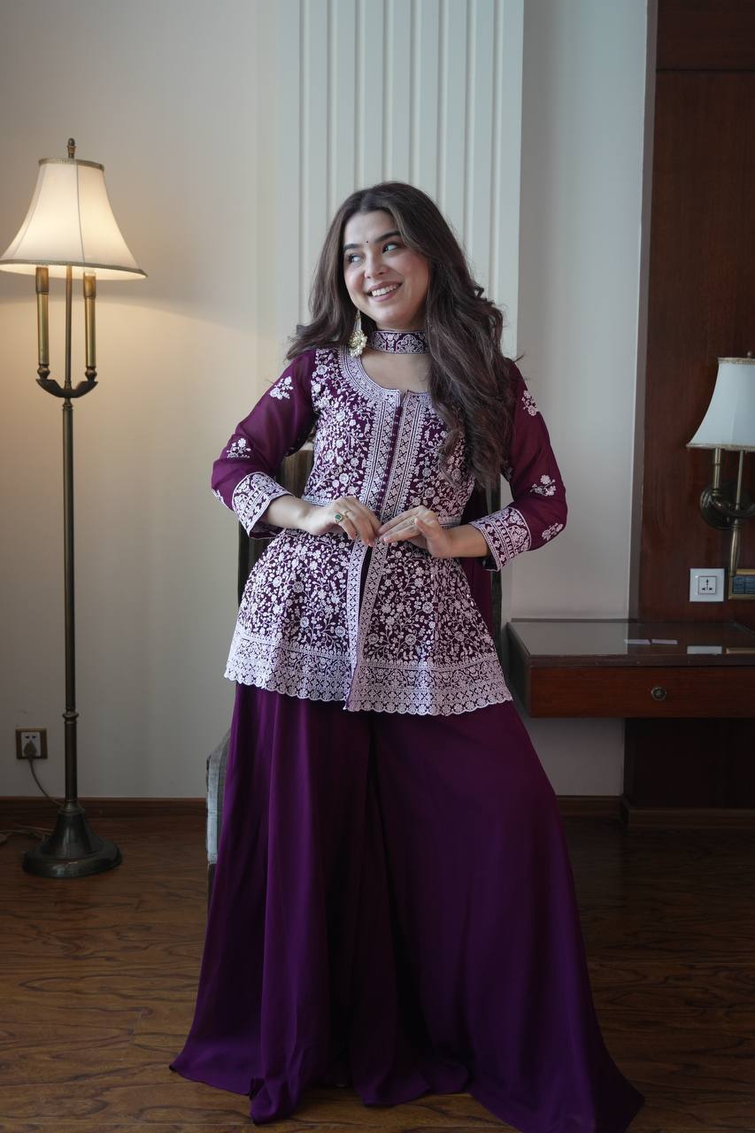 Saumika Deep Purple Georgette Embroidered Kurti Plazzo Set with Belt Style Dupatta