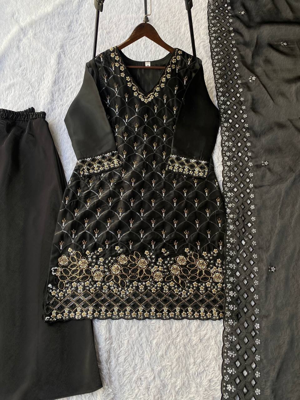 Yashira Black Fendy Kurta Palazzo set with Beads & Sequins Embroidery