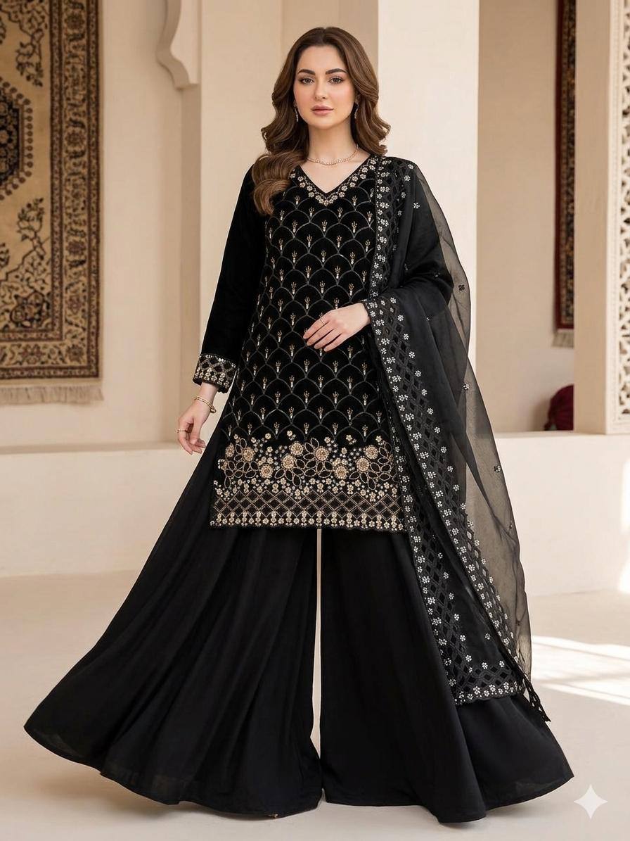 Yashira Black Fendy Kurta Palazzo set with Beads & Sequins Embroidery