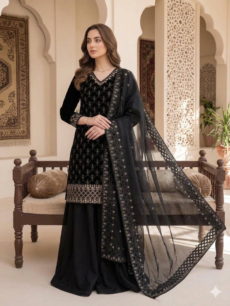 Yashira Black Fendy Kurta Palazzo set with Beads & Sequins Embroidery