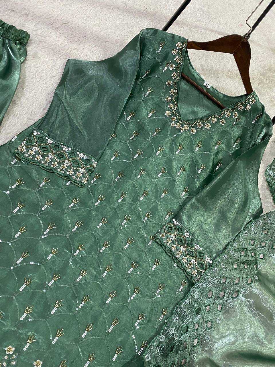 Yashira Sea Green Fendy Kurta Palazzo set with Beads & Sequins Embroidery