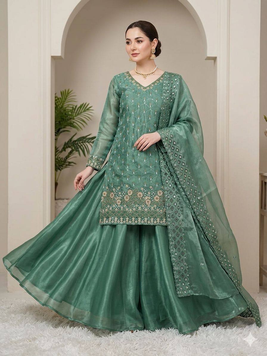 Yashira Sea Green Fendy Kurta Palazzo set with Beads & Sequins Embroidery