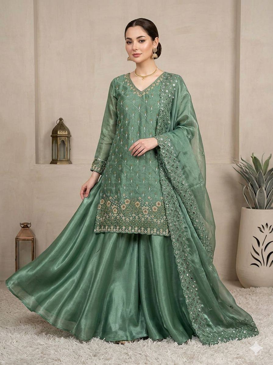 Yashira Sea Green Fendy Kurta Palazzo set with Beads & Sequins Embroidery