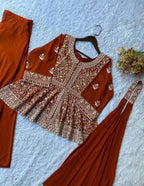 Saumika Orange Georgette Embroidered Kurti Plazzo Set with Belt Style Dupatta
