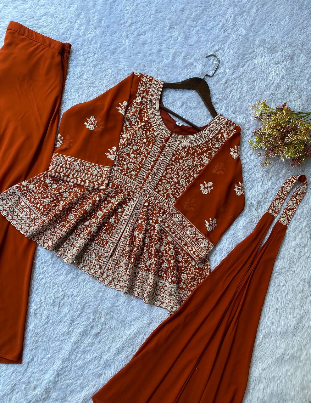 Saumika Orange Georgette Embroidered Kurti Plazzo Set with Belt Style Dupatta