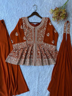 Saumika Orange Georgette Embroidered Kurti Plazzo Set with Belt Style Dupatta