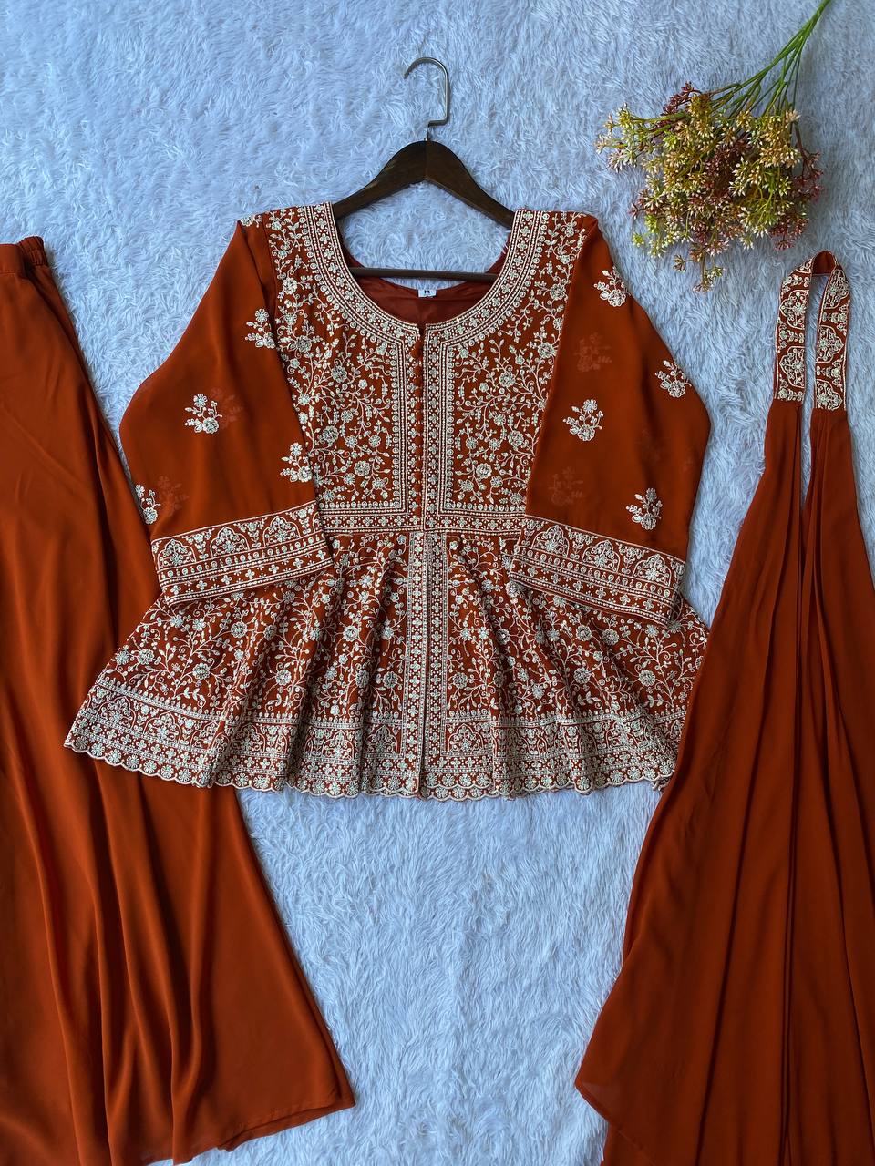 Saumika Orange Georgette Embroidered Kurti Plazzo Set with Belt Style Dupatta