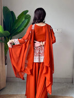 Saumika Orange Georgette Embroidered Kurti Plazzo Set with Belt Style Dupatta