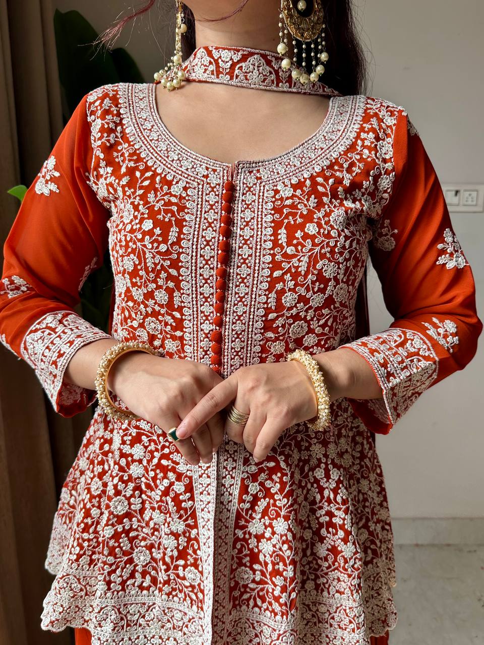Saumika Orange Georgette Embroidered Kurti Plazzo Set with Belt Style Dupatta