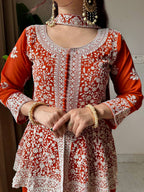 Saumika Orange Georgette Embroidered Kurti Plazzo Set with Belt Style Dupatta