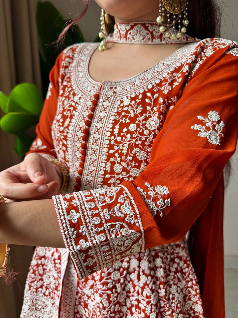 Saumika Orange Georgette Embroidered Kurti Plazzo Set with Belt Style Dupatta