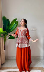 Saumika Orange Georgette Embroidered Kurti Plazzo Set with Belt Style Dupatta