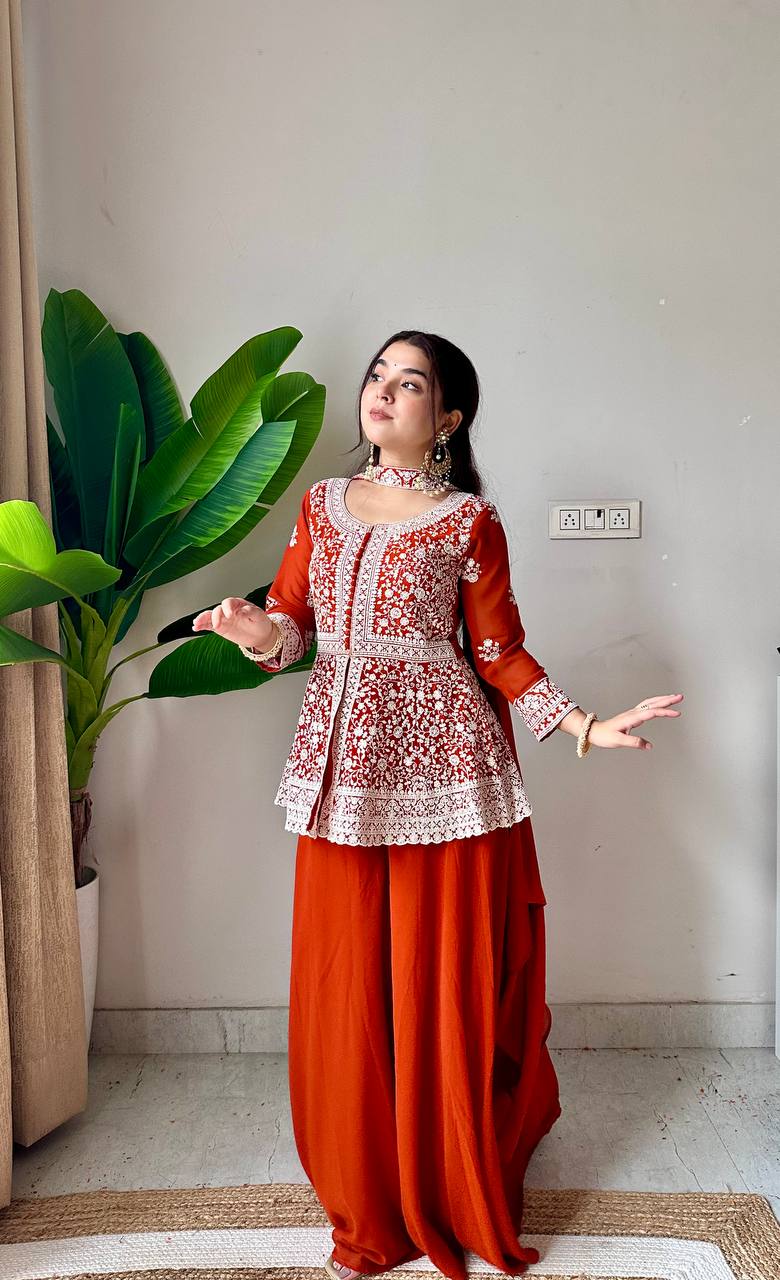 Saumika Orange Georgette Embroidered Kurti Plazzo Set with Belt Style Dupatta