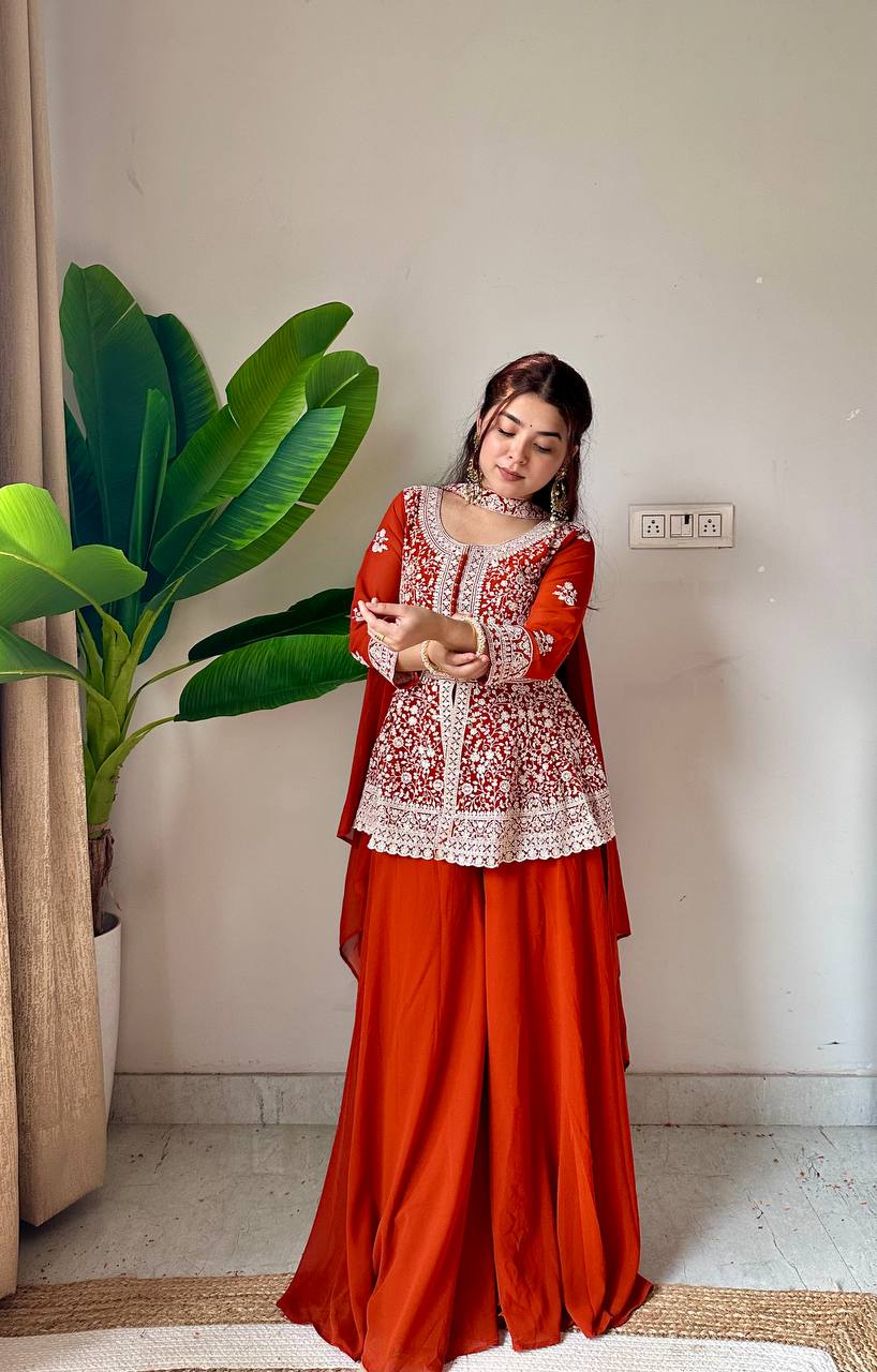 Saumika Orange Georgette Embroidered Kurti Plazzo Set with Belt Style Dupatta
