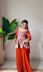 Saumika Orange Georgette Embroidered Kurti Plazzo Set with Belt Style Dupatta