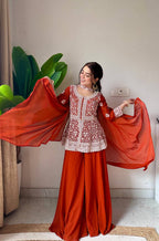 Saumika Orange Georgette Embroidered Kurti Plazzo Set with Belt Style Dupatta