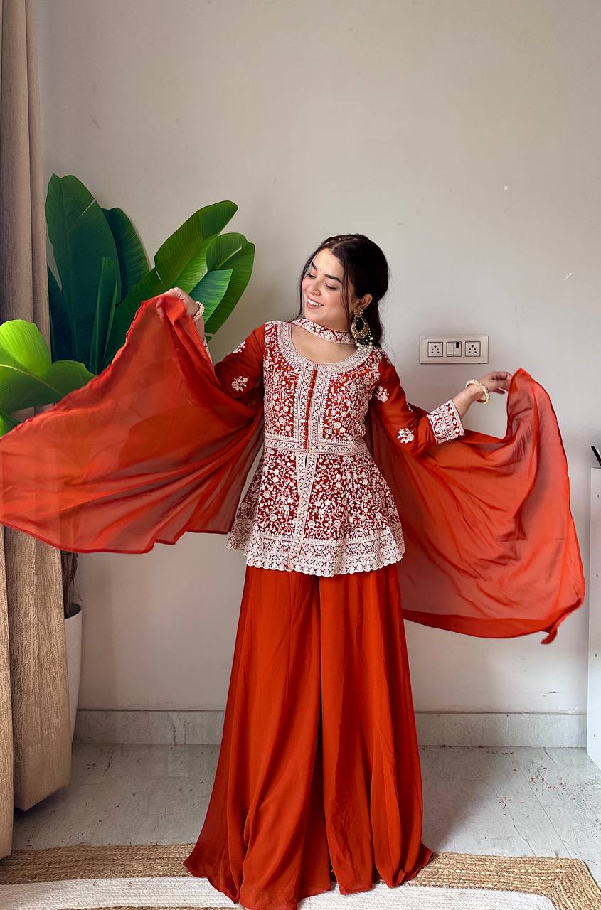 Saumika Orange Georgette Embroidered Kurti Plazzo Set with Belt Style Dupatta