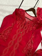 Vaidehi Red Mal Chanderi Embroidered Kurti with Shrug, Pant & Dupatta