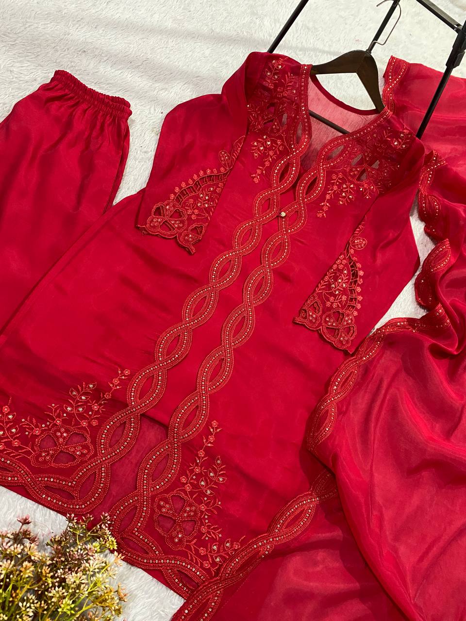 Vaidehi Red Mal Chanderi Embroidered Kurti with Shrug, Pant & Dupatta