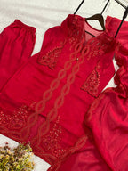 Vaidehi Red Mal Chanderi Embroidered Kurti with Shrug, Pant & Dupatta