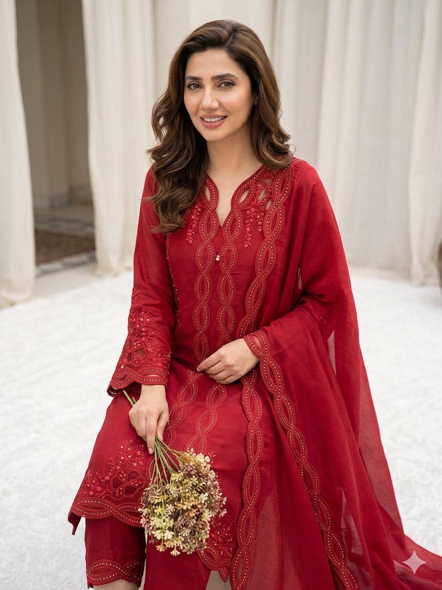 Vaidehi Red Mal Chanderi Embroidered Kurti with Shrug, Pant & Dupatta