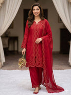 Vaidehi Red Mal Chanderi Embroidered Kurti with Shrug, Pant & Dupatta
