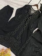 Vaidehi Black Mal Chanderi Embroidered Kurti with Shrug, Pant & Dupatta