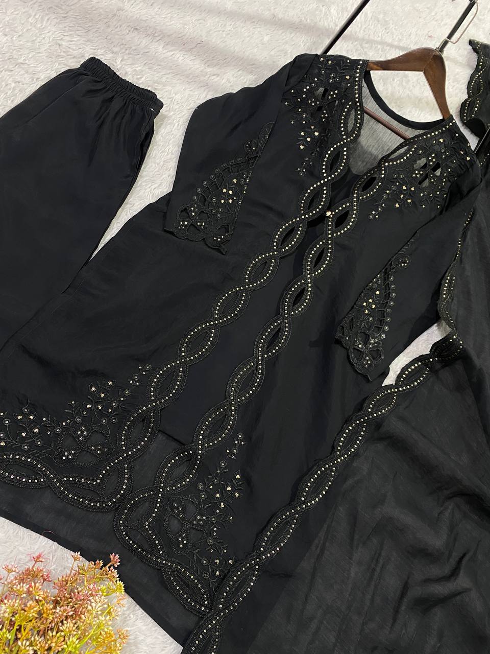Vaidehi Black Mal Chanderi Embroidered Kurti with Shrug, Pant & Dupatta