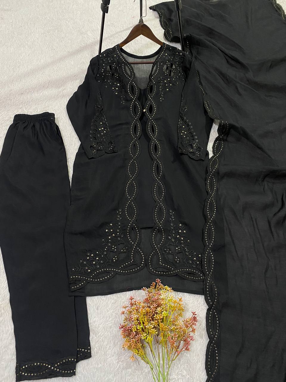 Vaidehi Black Mal Chanderi Embroidered Kurti with Shrug, Pant & Dupatta