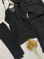 Vaidehi Black Mal Chanderi Embroidered Kurti with Shrug, Pant & Dupatta