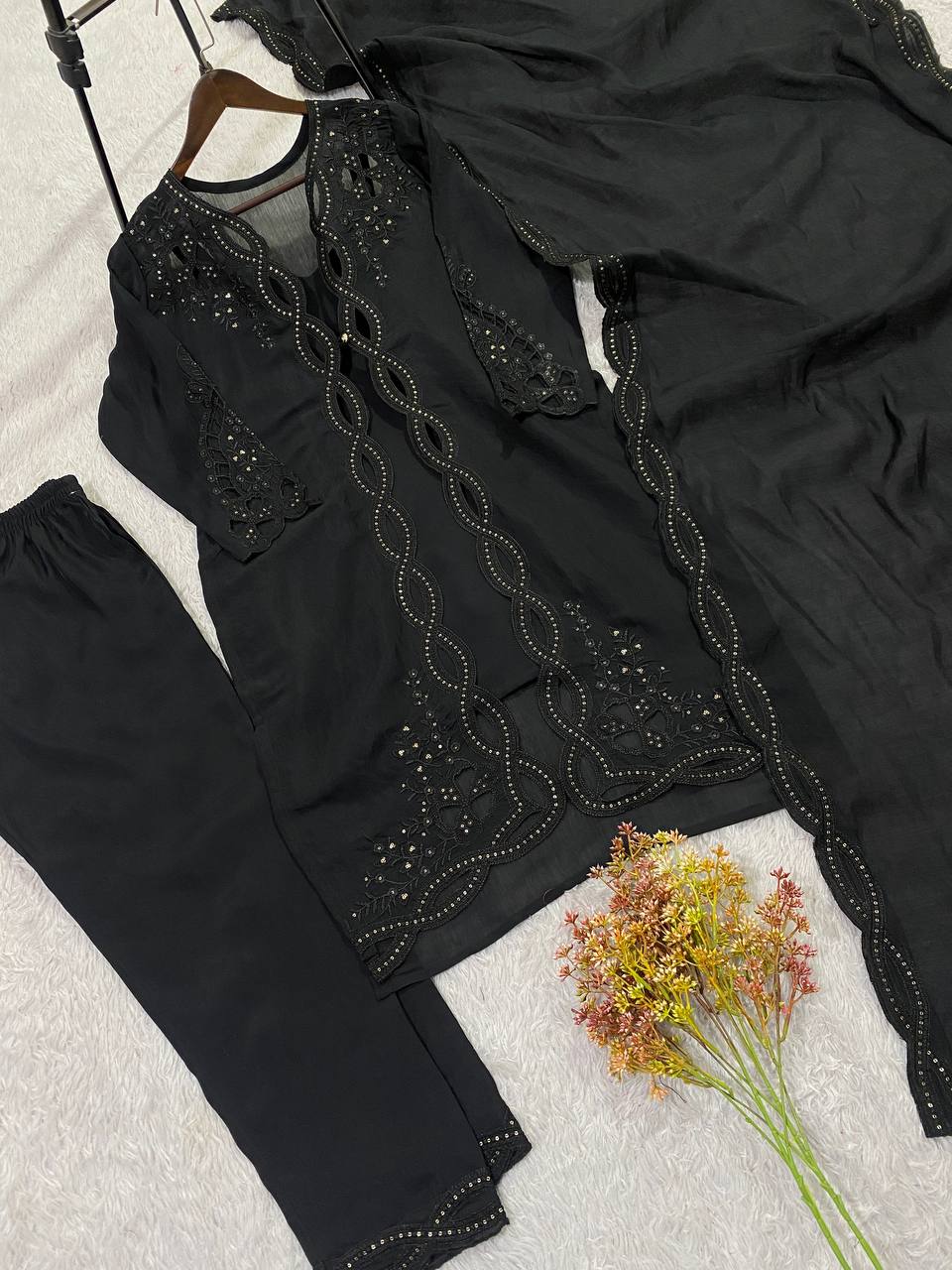 Vaidehi Black Mal Chanderi Embroidered Kurti with Shrug, Pant & Dupatta