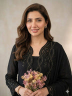 Vaidehi Black Mal Chanderi Embroidered Kurti with Shrug, Pant & Dupatta