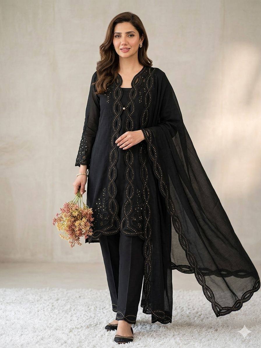 Vaidehi Black Mal Chanderi Embroidered Kurti with Shrug, Pant & Dupatta