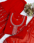 Premium Red Georgette Kurti Gharara Set with Sequin & Beads Embroidery