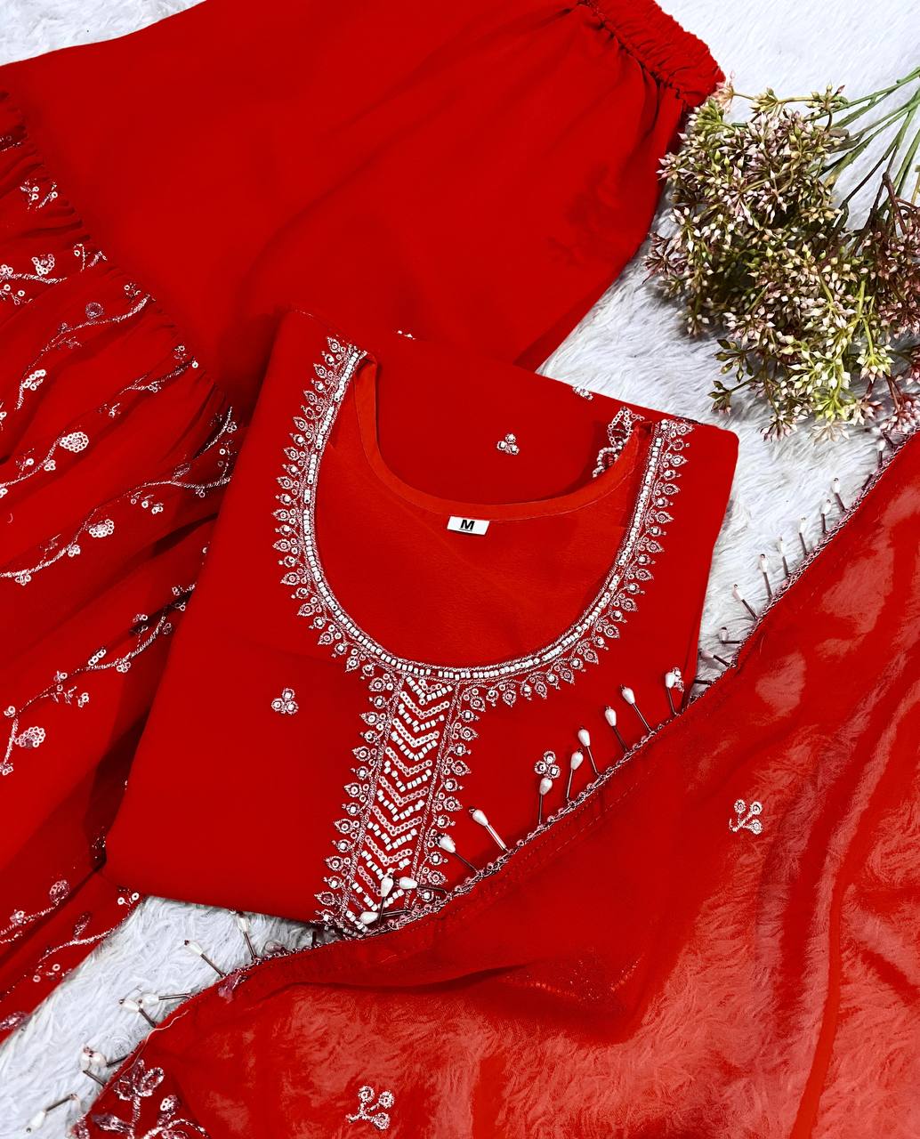 Premium Red Georgette Kurti Gharara Set with Sequin & Beads Embroidery