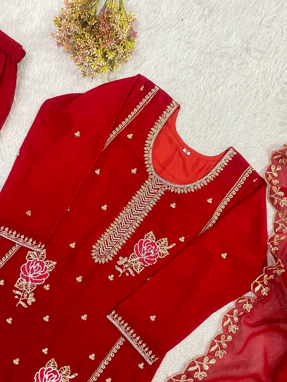 Premium Red Georgette Kurti Gharara Set with Sequin & Beads Embroidery