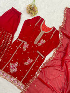 Premium Red Georgette Kurti Gharara Set with Sequin & Beads Embroidery
